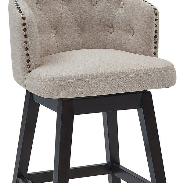 30" Tan Tufted Fabric and Dark Espresso Wood Swivel Bar Stool